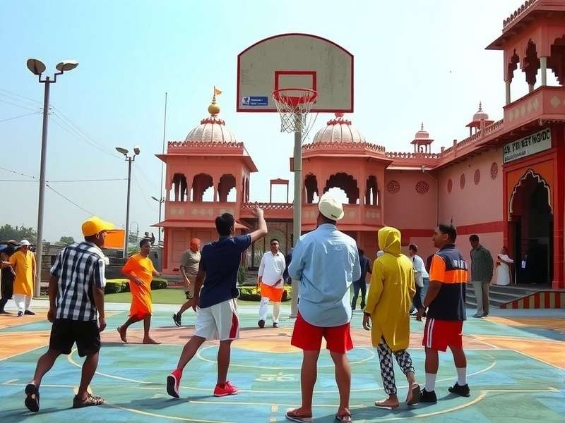 Hoops Heroes India Court in Varanasi showing a basketball court next to ghats with players in traditional wear